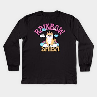 Shiba Inu Unicorn Kawaii Illustration With Rainbow And Cloud Kids Long Sleeve T-Shirt